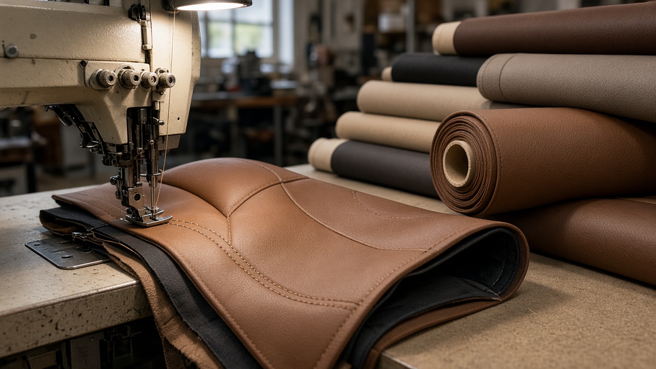 Seat cover being stitched beside rolls of upholstery material